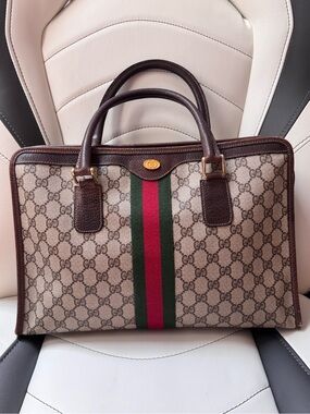 Gucci GG Canvas Briefcase with Green and Red Web Stripe